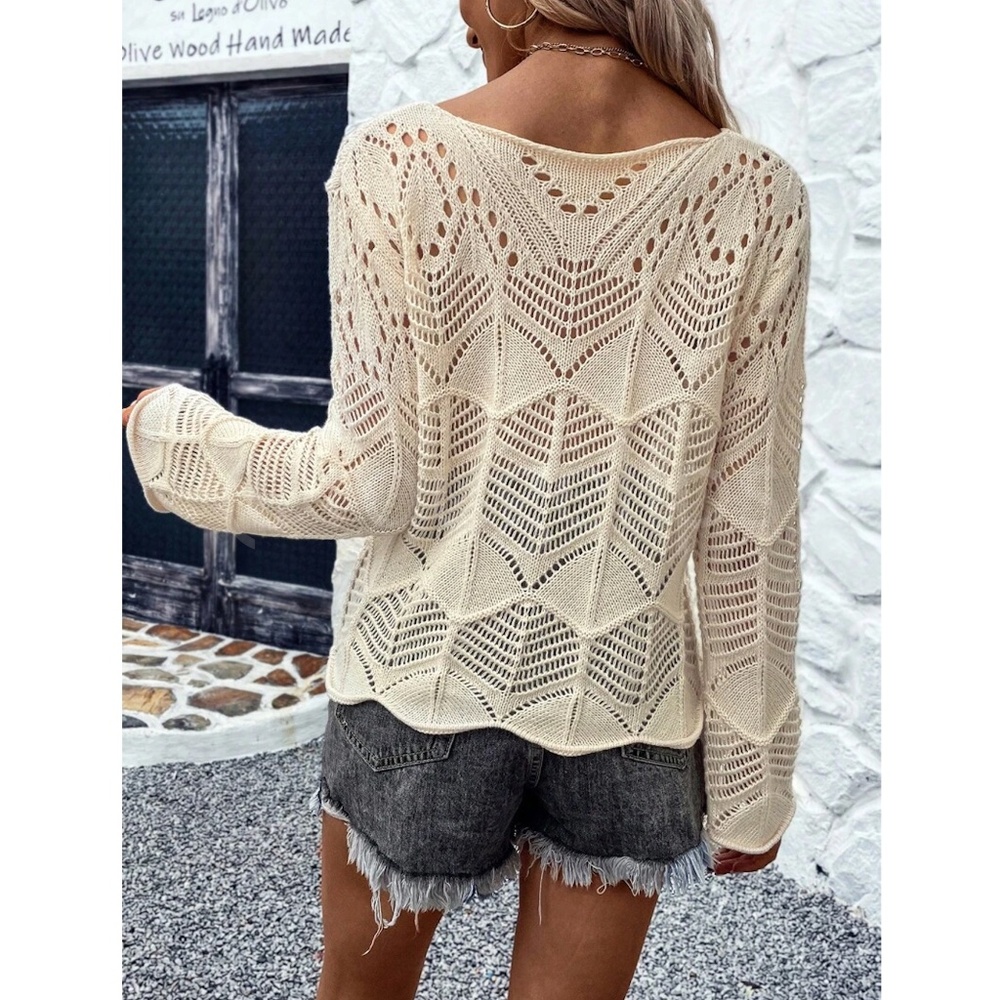 Beige Hollow Out Knit Long Bell Sleeve Pullover Light Sweater - Picture 6 of 8
